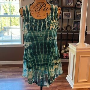 Blue and white tye dyed tank with gems and a sheer bottom portion